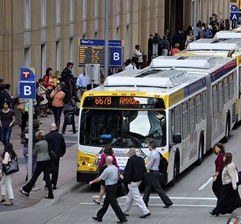 Buses and commuters in downtown Minneapolis